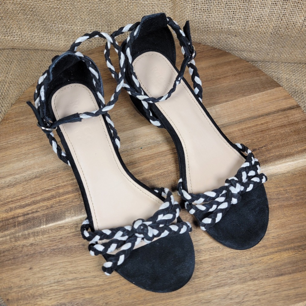 Rag & Co Braided Sandals Suede Block Heel Black White Women's Size 5 Ankle Strap